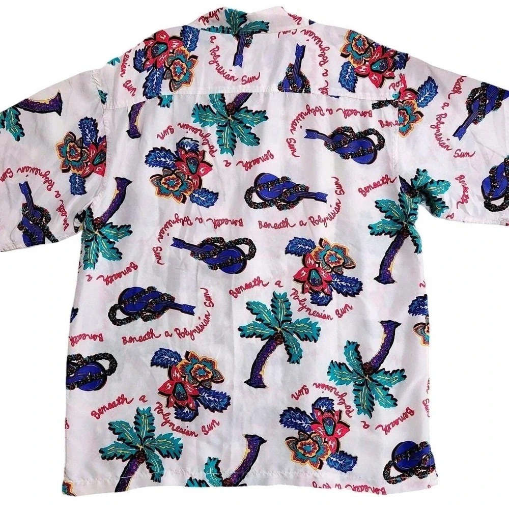 POI Hawaiian Aloha Shirt Mens L White Tropical Floral Palm Camp Button Up‎ Rayon